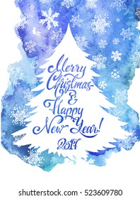 Christmas card, calligraphy - Merry Christmas and Happy New Year! 2017 White tree on blue watercolor background. vector. snowflakes