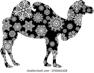 Christmas card camel in snowflakes on a white background