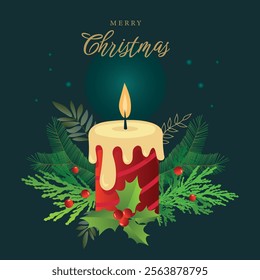 Christmas card with a candle decorated with fir branches on a green background. Vector flat illustration with Merry Christmas lettering. New Year greeting card, banner.