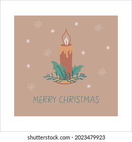 Christmas card with candle in flat style. Merry Christmas card, burning candle and spruce leaves. Holiday vector illustration