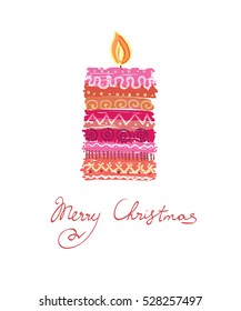 Christmas card with candle, hand  drawn flat vector.