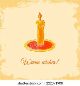 Christmas Card with a Candle. Vector Illustration Hand Drawn by Pastel.