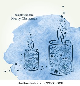 Christmas card with candle. Watercolor background in vector 