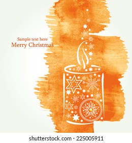 Christmas card with candle. Watercolor background in vector 