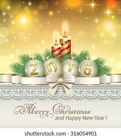 Christmas card with candles and balloons. 2016, balloons, candles, ribbons, bows, ornaments.