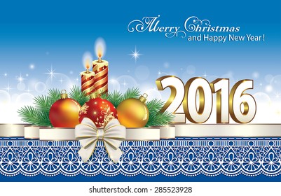 Christmas card with candles and balloons.Digits 2016, balloons, candles, ribbons, bows, ornaments.