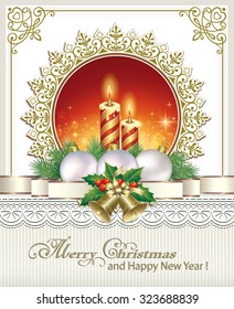 Christmas card with candles, balls and bells in a frame with an ornament