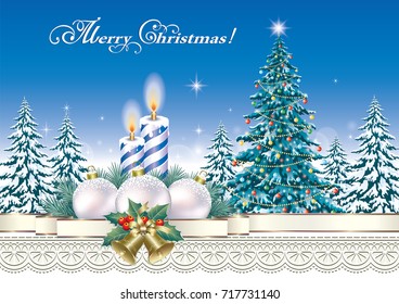 Christmas card with candles, balls and bells on the background of a winter landscape and ornaments. Vector illustration