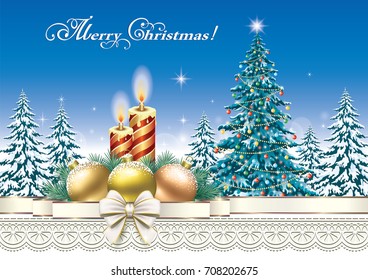 Christmas card with candles and balls on a background of nature and ornaments. Vector illustration