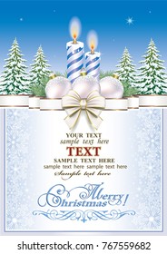Christmas card with candles, balls and ribbon with bow on the background of nature. Vector illustration