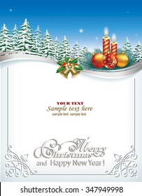 Christmas card with candles and bells in a frame