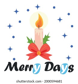 Christmas card with candles in flat style with bow. Merry Christmas Simple flat postcard winter holidays