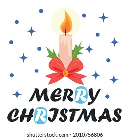 Christmas card with candles in flat style with bow. Merry Christmas Simple flat postcard winter holidays