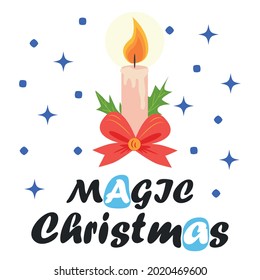 Christmas card with candles in flat style with bow. Merry Christmas Simple flat postcard winter holidays