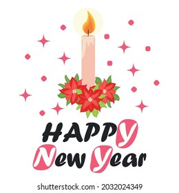 Christmas card with candles in flat style with poinsettia flowers. New year simple flat greeting card.