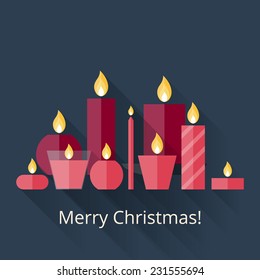 Christmas card with candles in flat style with long shadows. Merry Christmas! Flat icons Christmas candles with long shadows. 9 different candles in flat style. Candles collection