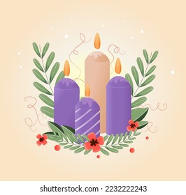 Christmas card with candles and mistletoe, symbolizing Advent