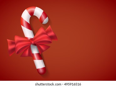 Christmas card with candy cane and bow. Christmas Holiday. Vector illustration for your design.