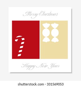 Christmas card with candy cane and peppermint sweet silhouette on red and gold background. Gift card with merry Christmas and happy new year label text. Modern and minimal style cover for wishes.