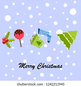 christmas card, candy fir gift christmas sock, vector background