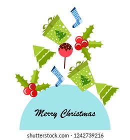 christmas card, candy fir gift christmas sock, vector background