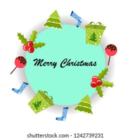 christmas card, candy fir gift christmas sock, vector background