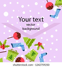 christmas card, candy fir gift christmas sock, vector background