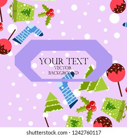 christmas card, candy fir gift christmas sock, vector background
