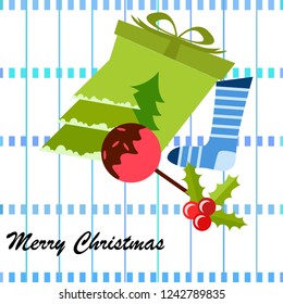 christmas card, candy fir gift christmas sock, vector background