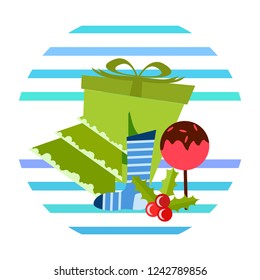 christmas card, candy fir gift christmas sock, vector background