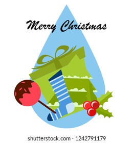 christmas card, candy fir gift christmas sock, vector background
