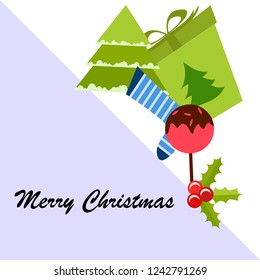 christmas card, candy fir gift christmas sock, vector background