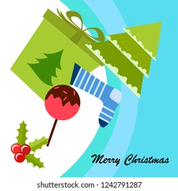 christmas card, candy fir gift christmas sock, vector background