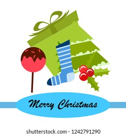 christmas card, candy fir gift christmas sock, vector background