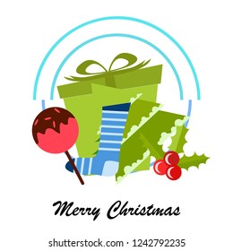 christmas card, candy fir gift christmas sock, vector background