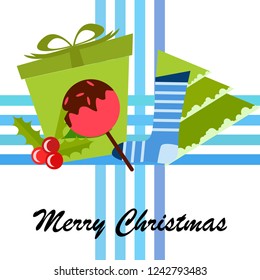 christmas card, candy fir gift christmas sock, vector background