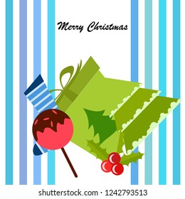christmas card, candy fir gift christmas sock, vector background