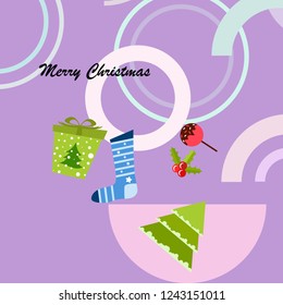 christmas card, candy fir gift christmas sock, vector background