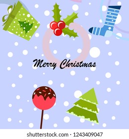 christmas card, candy fir gift christmas sock, vector background