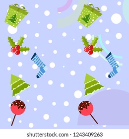 christmas card, candy fir gift christmas sock, vector background