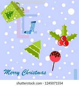 christmas card, candy fir gift christmas sock, vector background