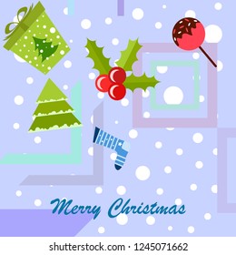 christmas card, candy fir gift christmas sock, vector background