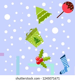 christmas card, candy fir gift christmas sock, vector background