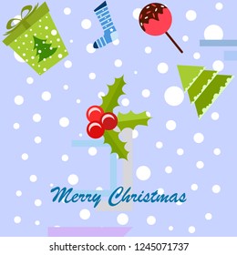 christmas card, candy fir gift christmas sock, vector background