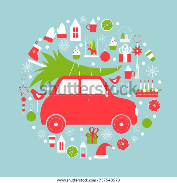 Christmas Card Car Christmas Treevector Illustration Stock Vector