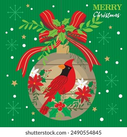 Christmas card with cardinal bird on hanging bauble