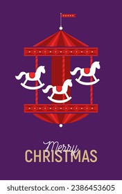Christmas card with carousel with horses