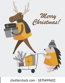 Christmas card, Cartoon animals go shopping. Christmas shopping set. A deer and a hedgehog carry packages, boxes and a trolley from the supermarket. Vector illustration