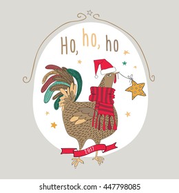 Christmas card. Cartoon color rooster in a Santa hat, scarf with star on a beige background. Vector illustration.