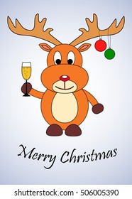 Christmas card. Cartoon deer with a  glass of champagne in his hand and christmas balls on his horns. Christmas symbol.